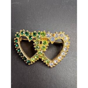 Vintage Gold Tone Double Heart Green Clear Rhinestone Brooch